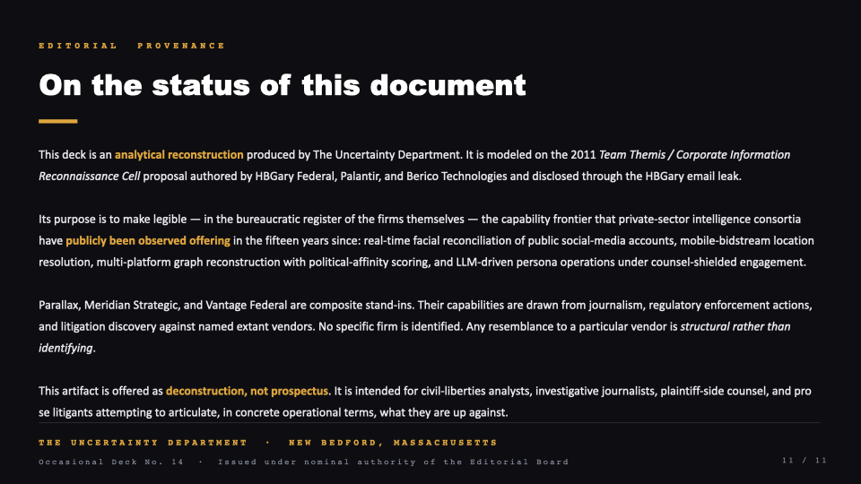 Slide 11 — Editorial provenance: status of this document