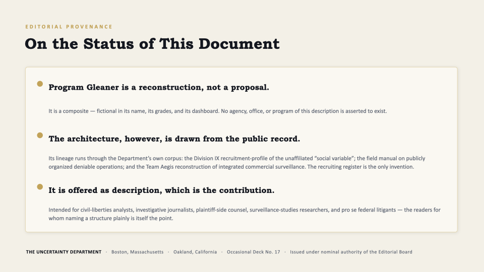 Slide 14 — Editorial Provenance: on the status of this document; a reconstruction, not a proposal